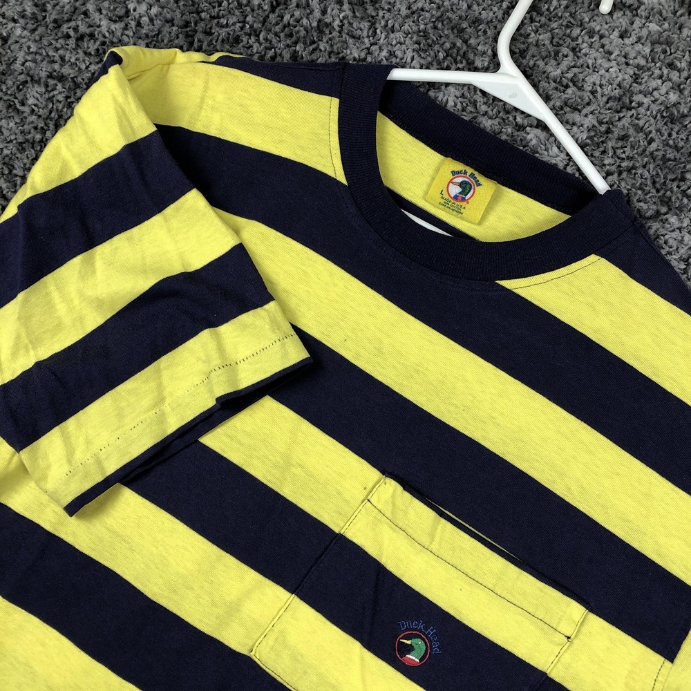Vintage Duck Head Shirt Mens Large Yellow Navy Striped Pocket Logo USA